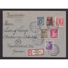 ALEMANIA ESTAMPILLA SEGUNDA GUERRA MUNDIAL OCUPACION INTERALIADA 1946 SOBRE CERTIFICADO CIRCULADO CON 6 ESTAMPILLAS DIFERENTES DE LA ZONA RUSA DE BERLIN